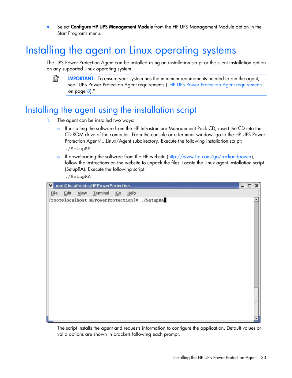 Installing the agent on linux operating systems, Installing the agent using the installation script | HP J4367A User Manual | Page 33 / 120