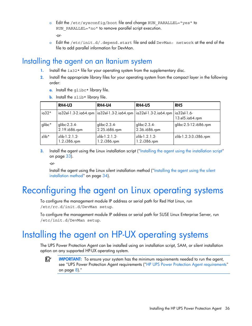 Installing the agent on an itanium system, Reconfiguring the agent on linux operating systems, Installing the agent on hp-ux operating systems | HP J4367A User Manual | Page 36 / 120