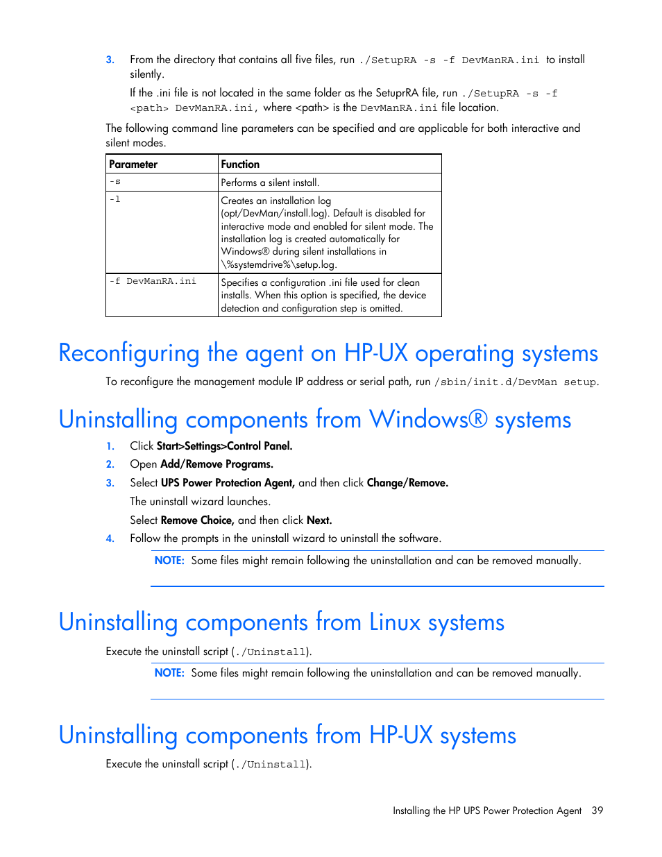 Reconfiguring the agent on hp-ux operating systems, Uninstalling components from windows® systems, Uninstalling components from linux systems | Uninstalling components from hp-ux systems | HP J4367A User Manual | Page 39 / 120