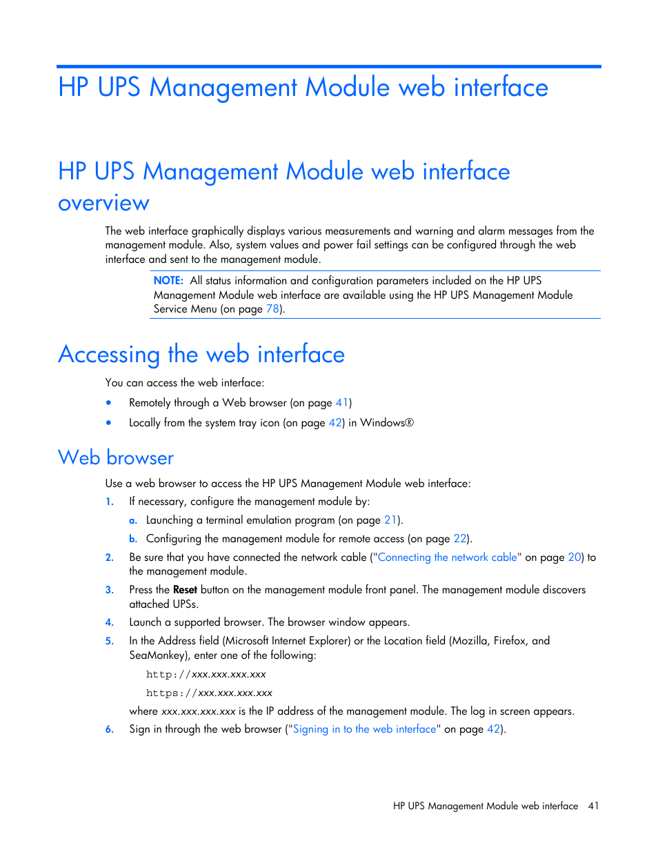 Hp ups management module web interface, Hp ups management module web interface overview, Accessing the web interface | Web browser, A graphic | HP J4367A User Manual | Page 41 / 120