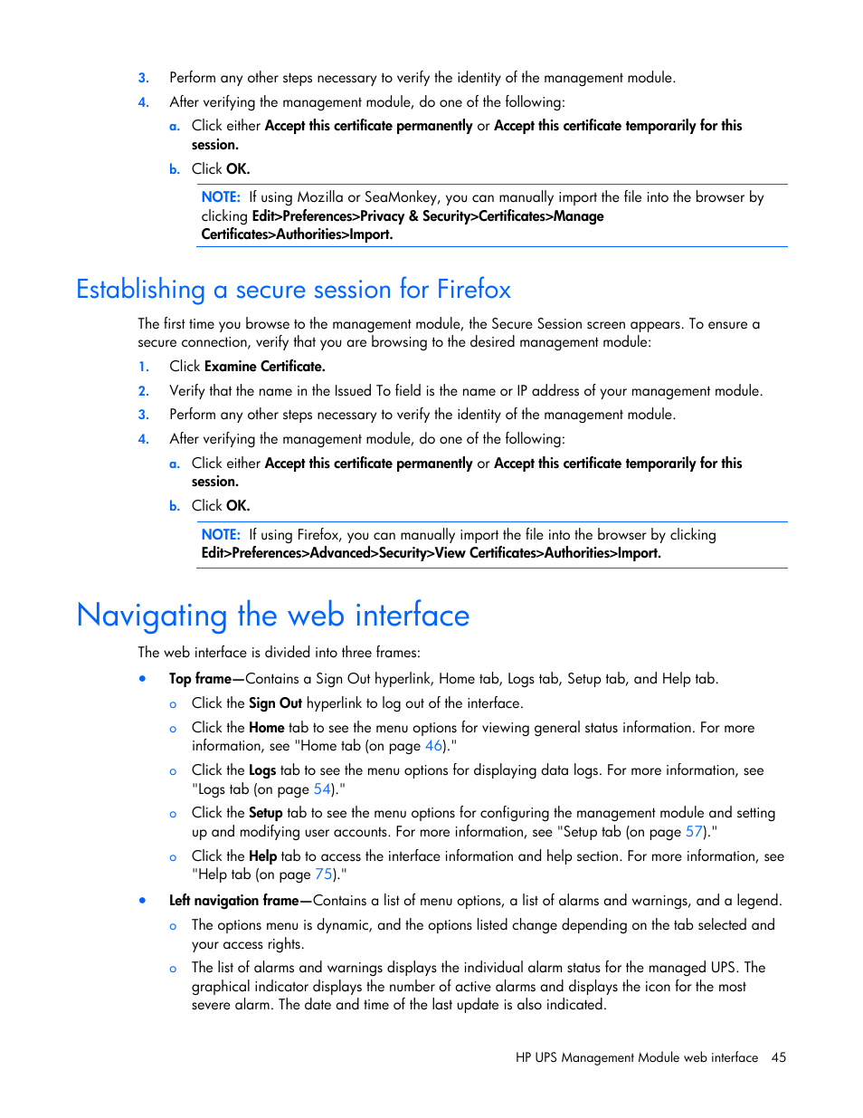 Establishing a secure session for firefox, Navigating the web interface | HP J4367A User Manual | Page 45 / 120