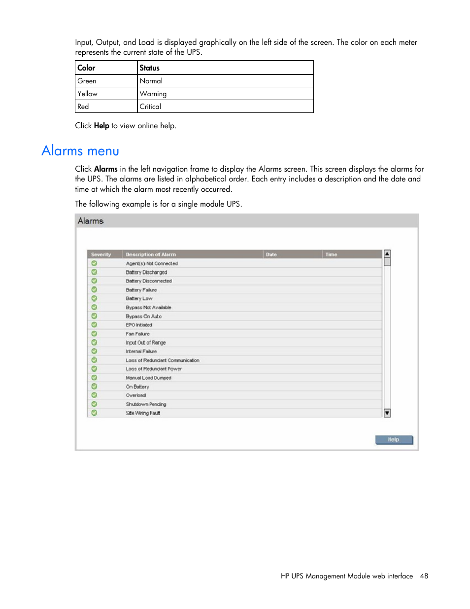 Alarms menu | HP J4367A User Manual | Page 48 / 120