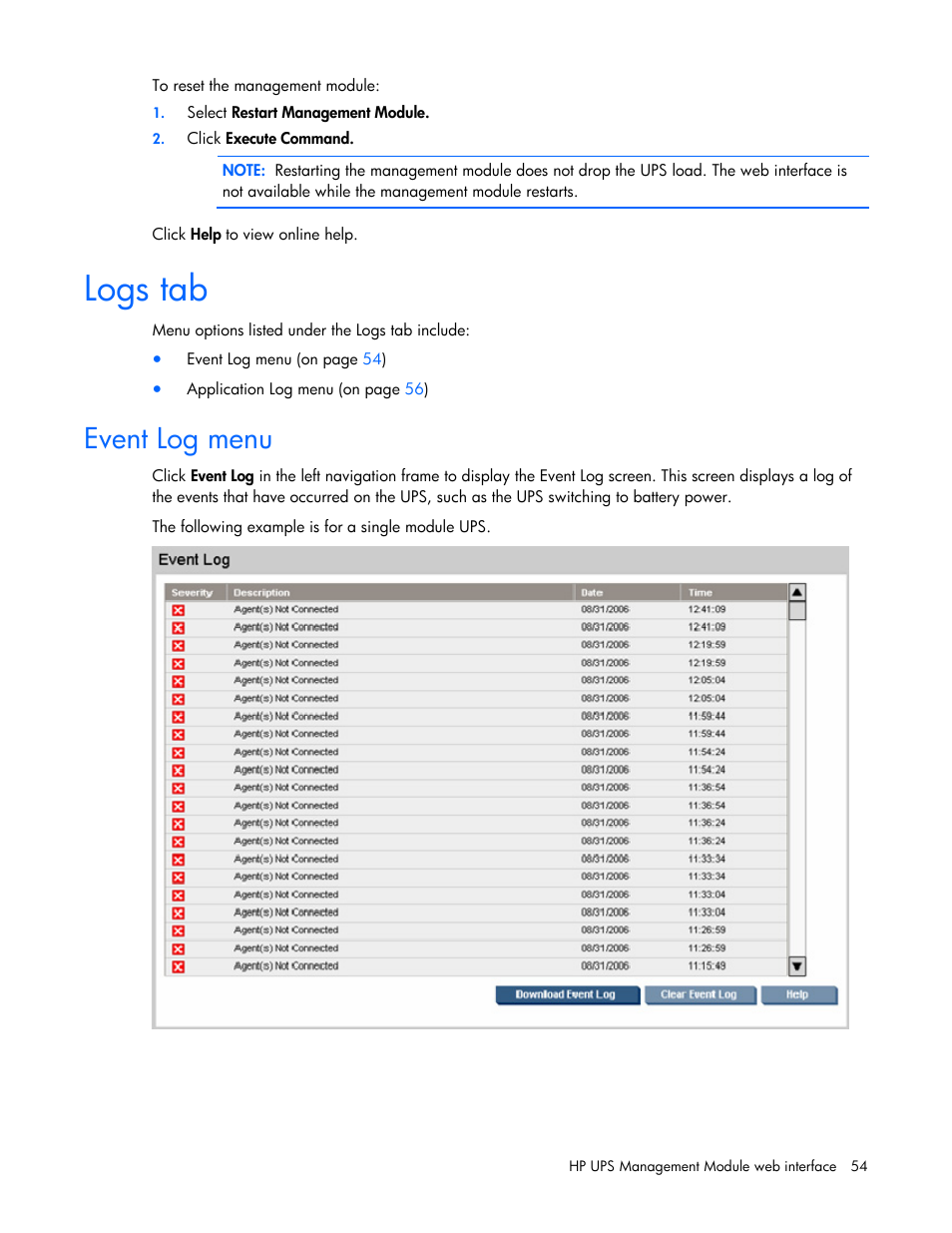 Logs tab, Event log menu | HP J4367A User Manual | Page 54 / 120