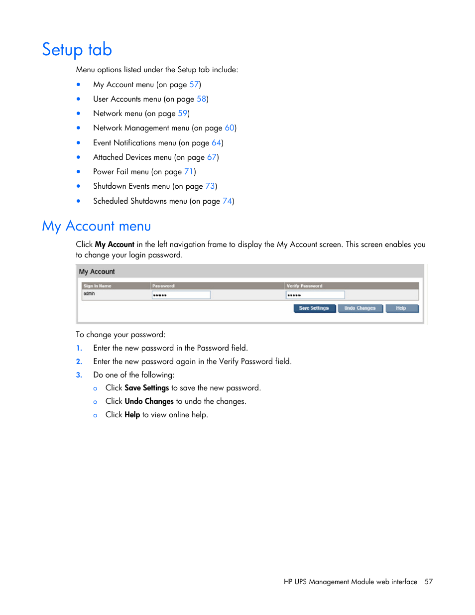 Setup tab, My account menu | HP J4367A User Manual | Page 57 / 120