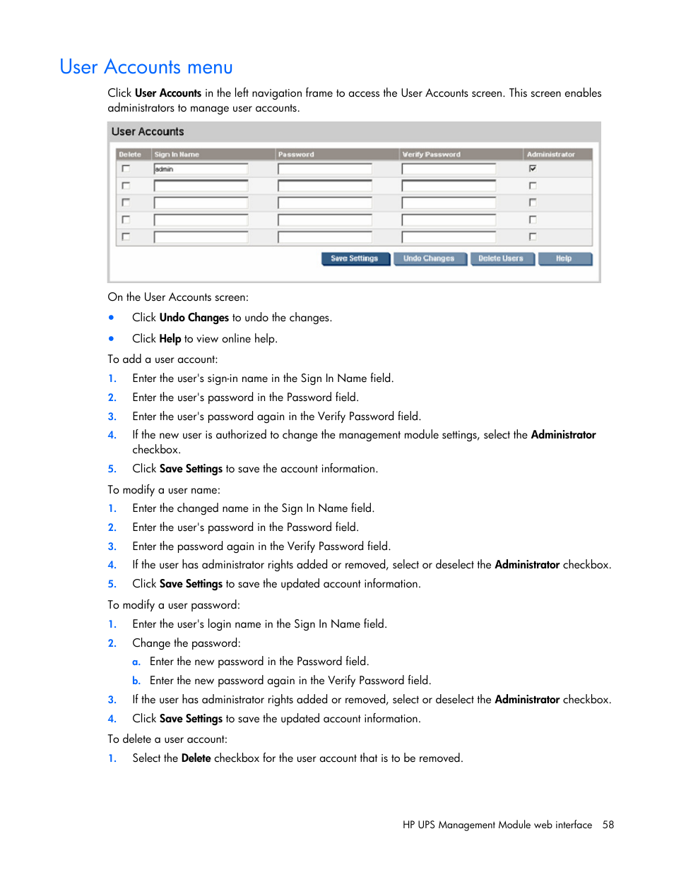 User accounts menu | HP J4367A User Manual | Page 58 / 120
