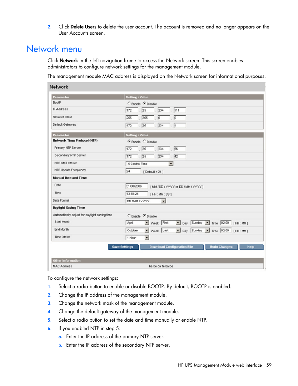 Network menu | HP J4367A User Manual | Page 59 / 120