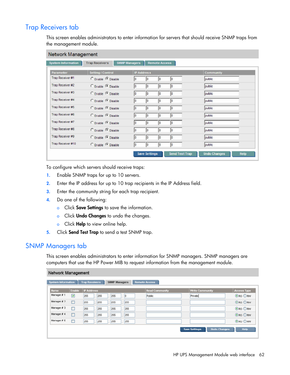 Trap receivers tab, Snmp managers tab | HP J4367A User Manual | Page 62 / 120