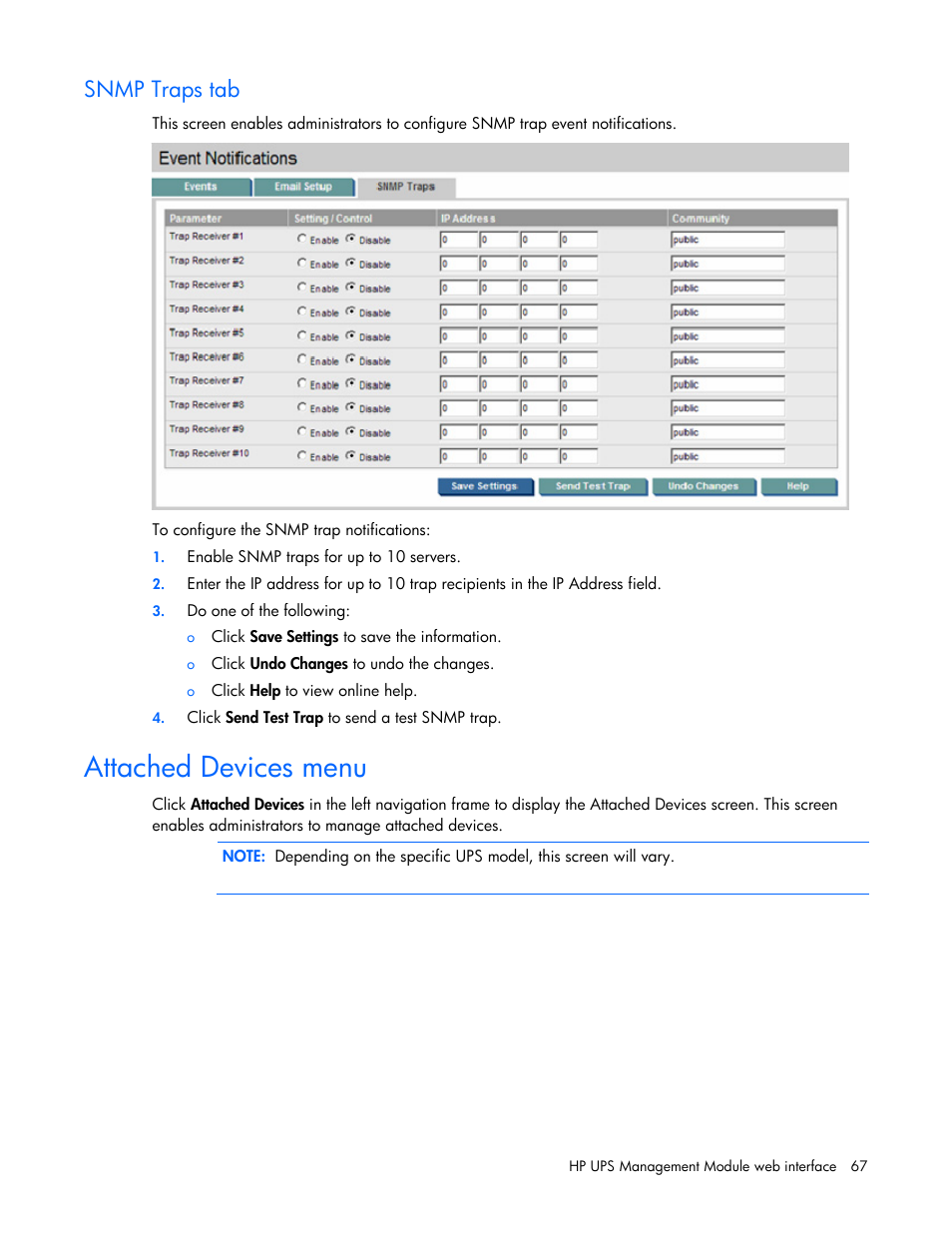 Snmp traps tab, Attached devices menu | HP J4367A User Manual | Page 67 / 120