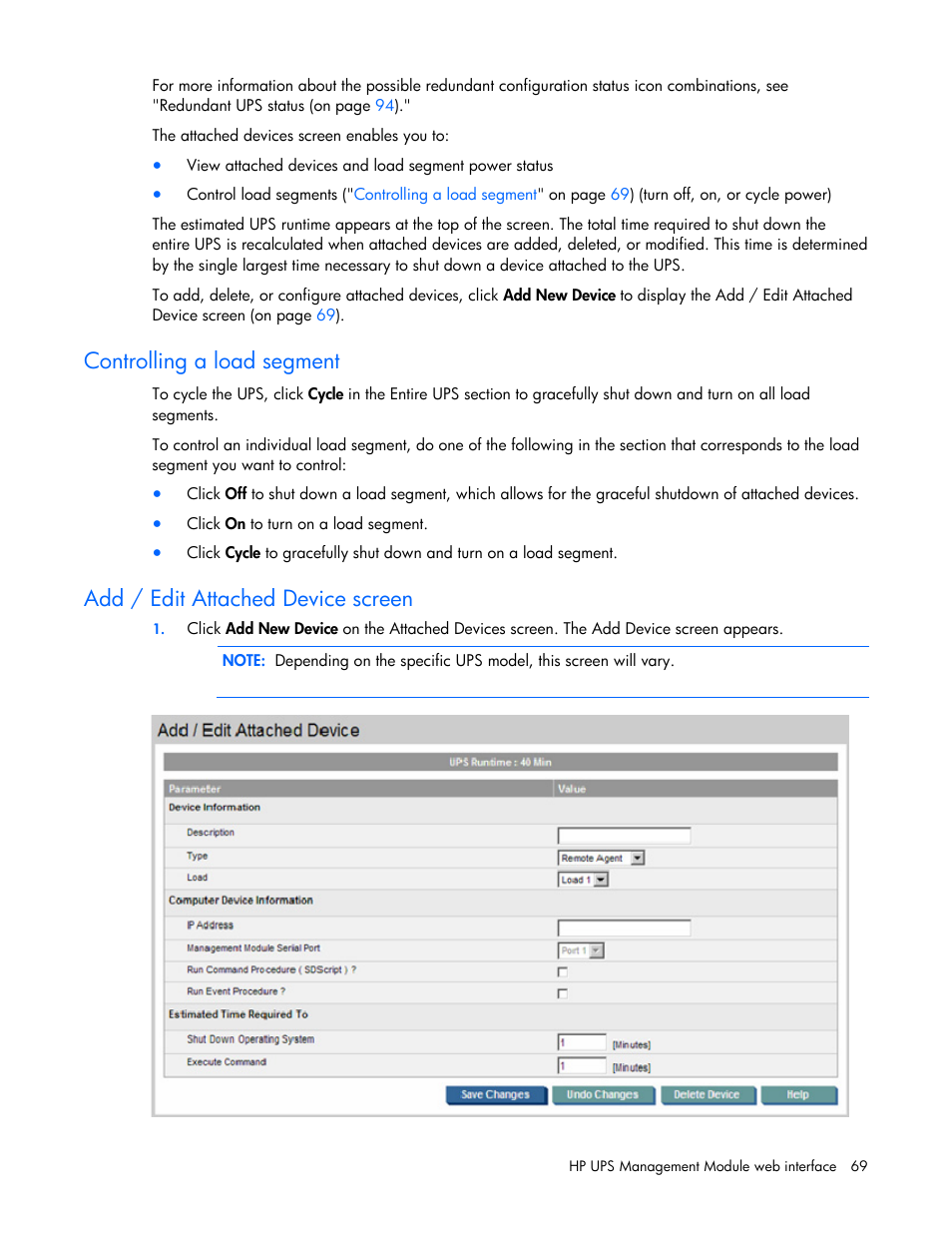 Controlling a load segment, Add / edit attached device screen | HP J4367A User Manual | Page 69 / 120