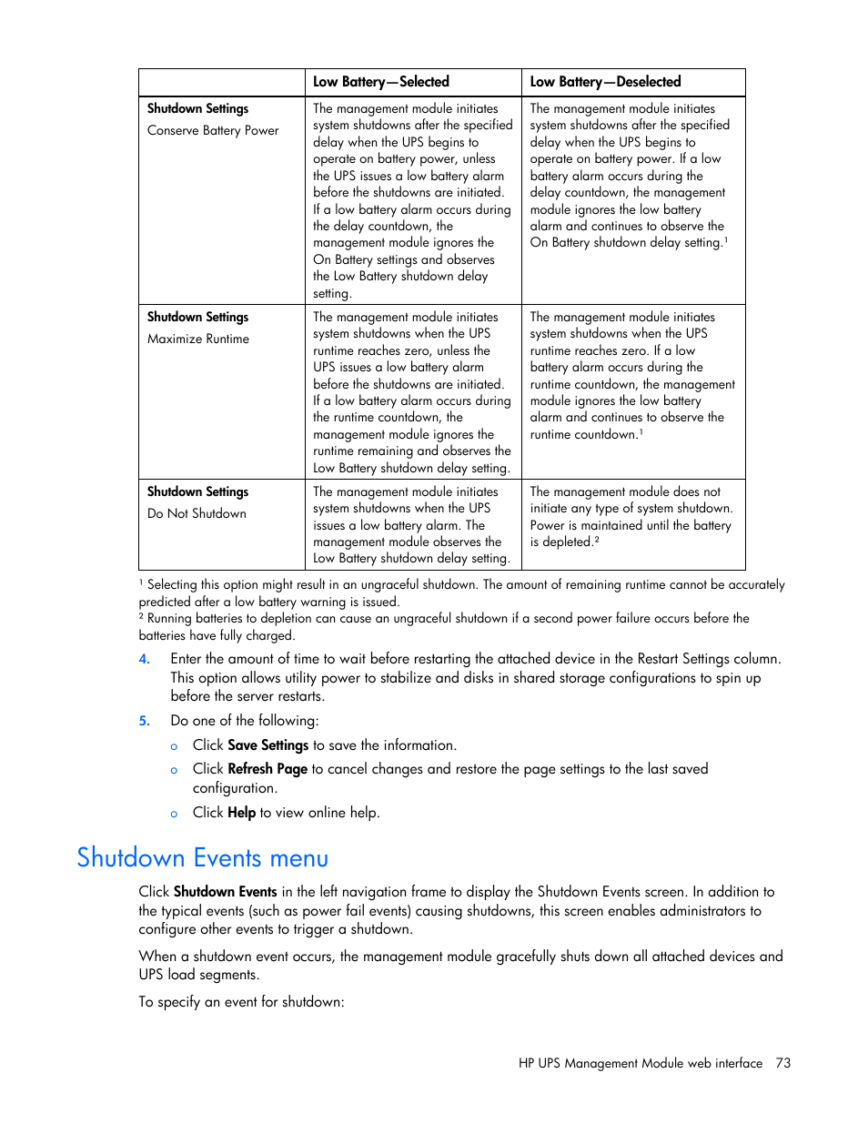 Shutdown events menu | HP J4367A User Manual | Page 73 / 120