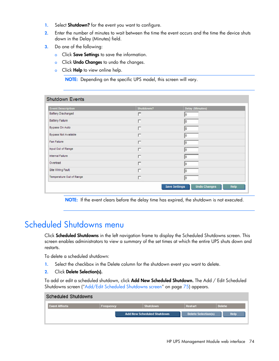 Scheduled shutdowns menu | HP J4367A User Manual | Page 74 / 120
