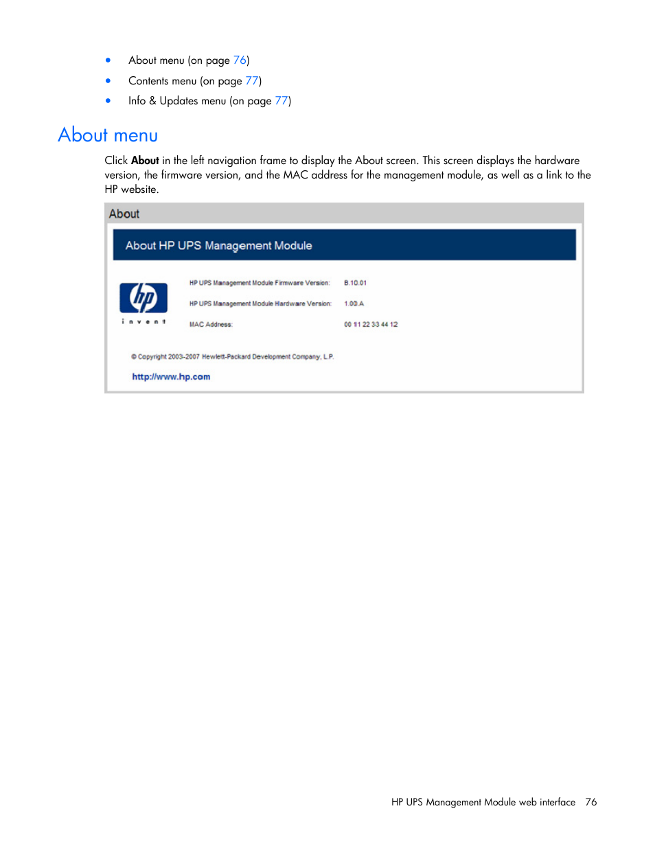 About menu | HP J4367A User Manual | Page 76 / 120