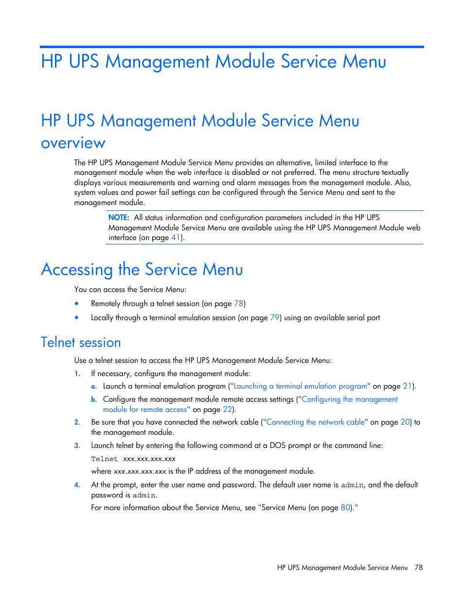 Hp ups management module service menu, Hp ups management module service menu overview, Accessing the service menu | Telnet session, A text-b | HP J4367A User Manual | Page 78 / 120