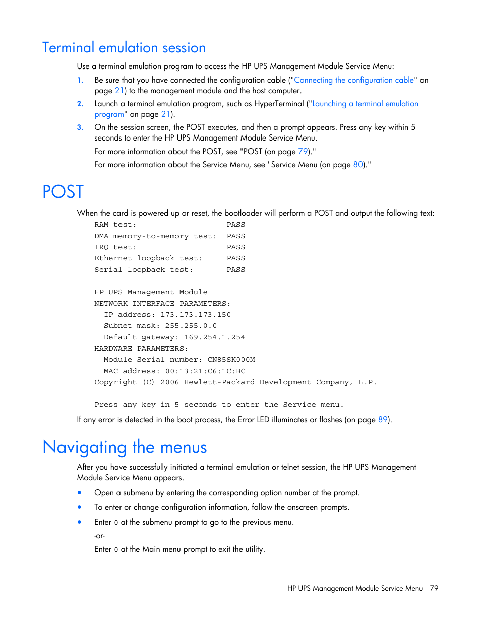 Terminal emulation session, Post, Navigating the menus | Using an available serial port | HP J4367A User Manual | Page 79 / 120