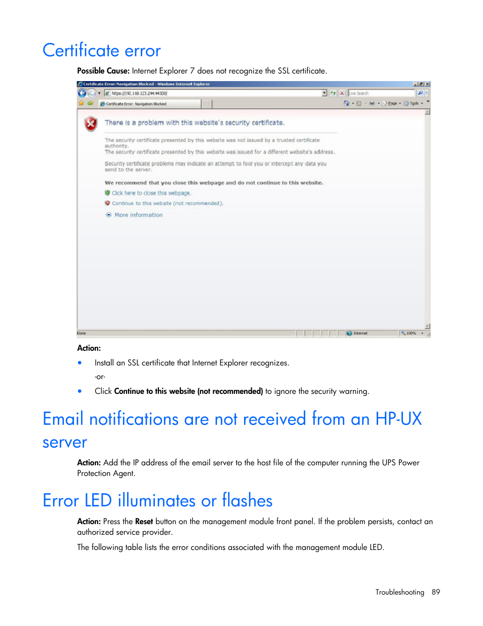 Certificate error, Error led illuminates or flashes | HP J4367A User Manual | Page 89 / 120