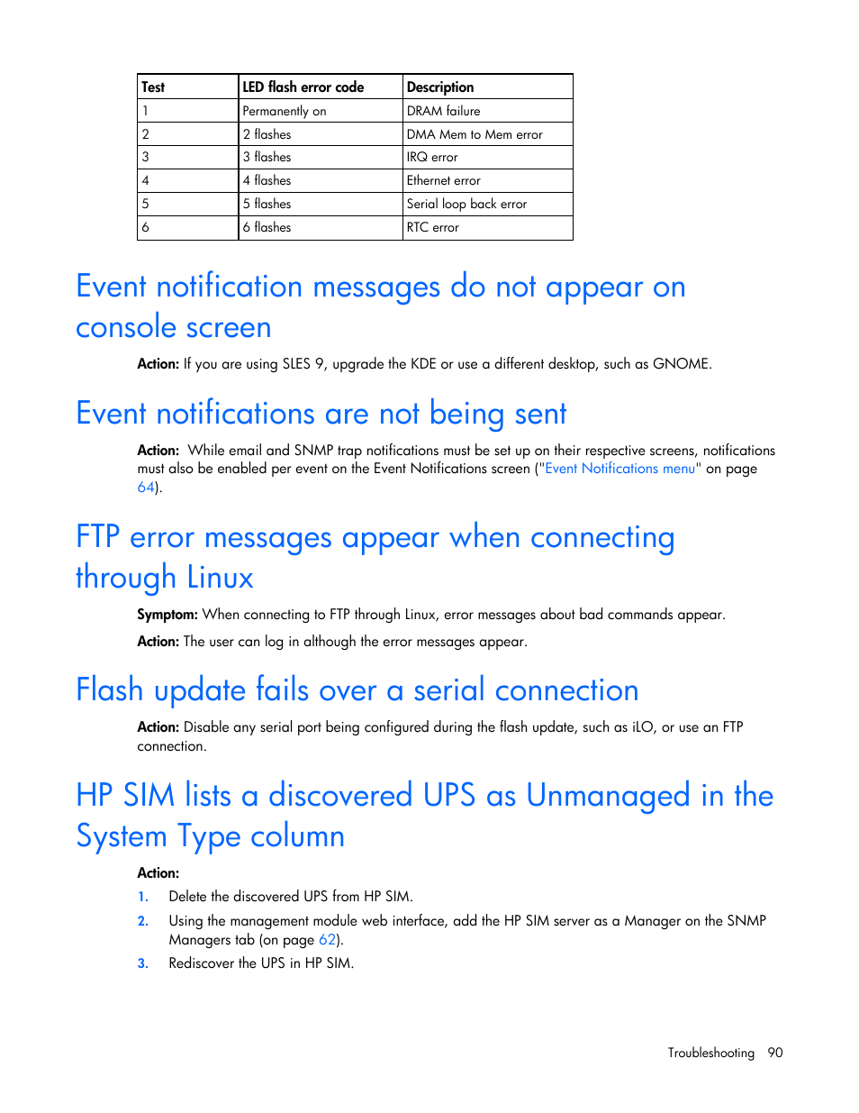 Event notifications are not being sent, Flash update fails over a serial connection | HP J4367A User Manual | Page 90 / 120