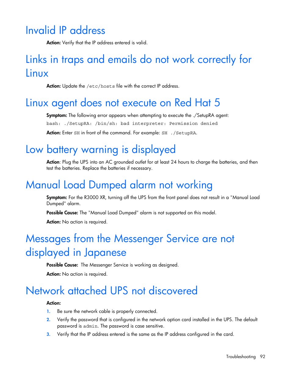 Invalid ip address, Linux agent does not execute on red hat 5, Low battery warning is displayed | Manual load dumped alarm not working, Network attached ups not discovered | HP J4367A User Manual | Page 92 / 120