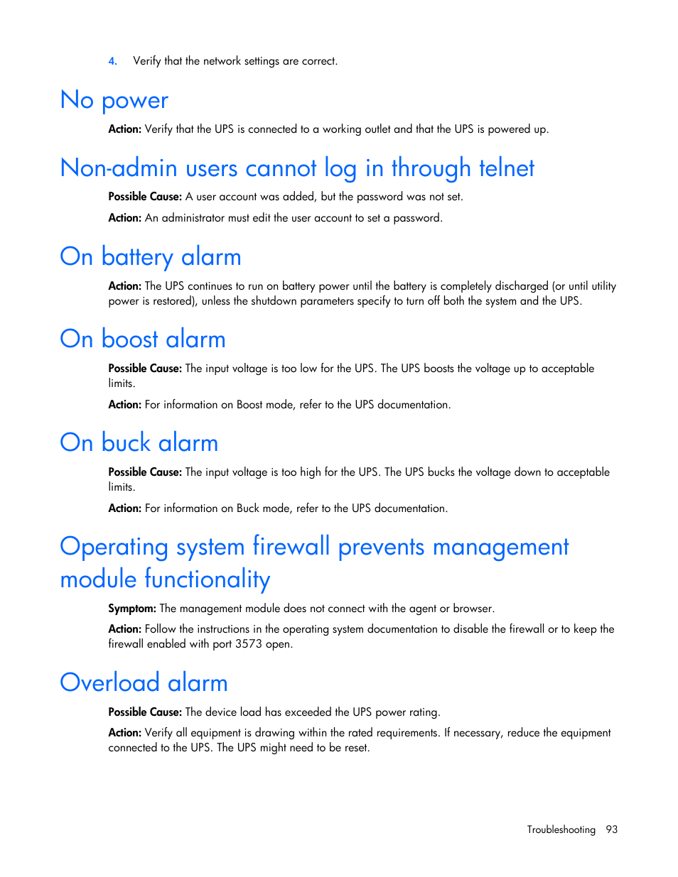 No power, Non-admin users cannot log in through telnet, On battery alarm | On boost alarm, On buck alarm, Overload alarm | HP J4367A User Manual | Page 93 / 120
