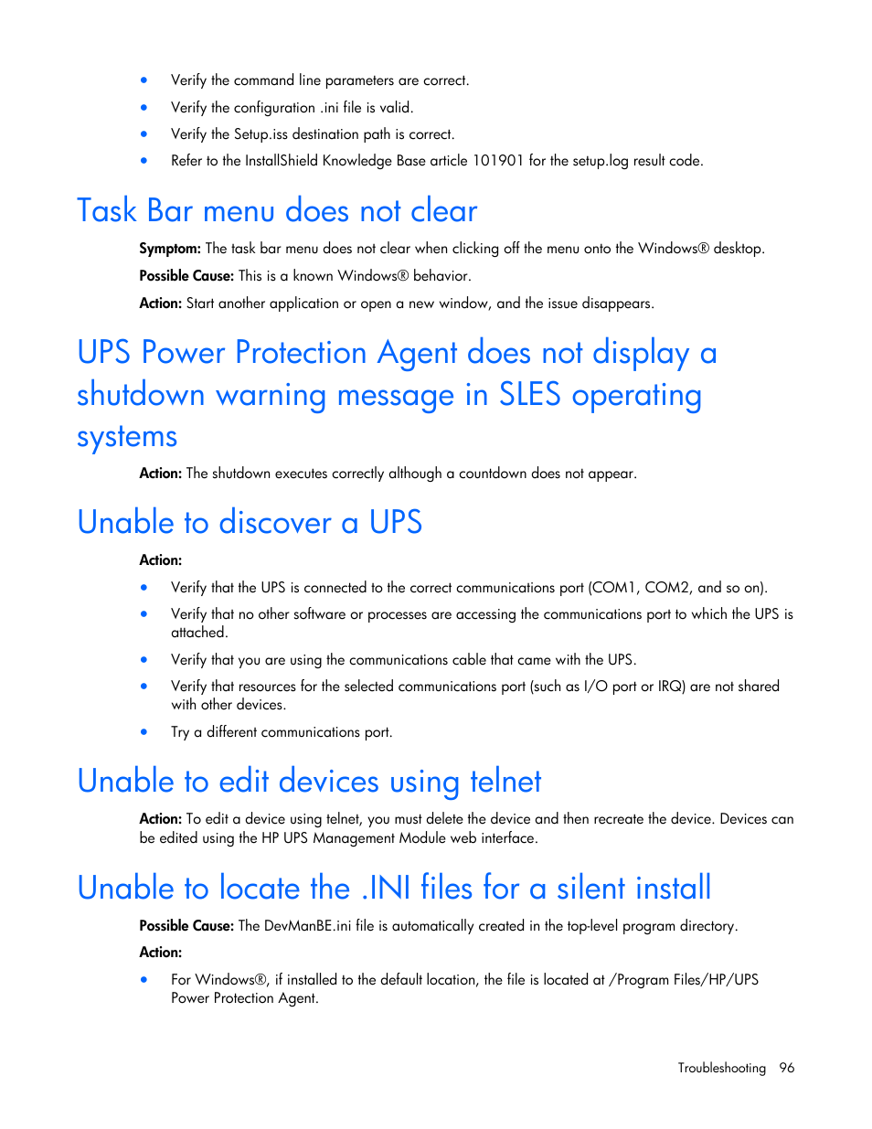 Task bar menu does not clear, Unable to discover a ups, Unable to edit devices using telnet | HP J4367A User Manual | Page 96 / 120