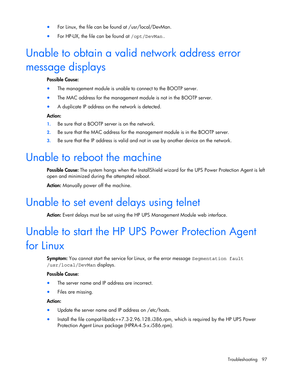 Unable to reboot the machine, Unable to set event delays using telnet | HP J4367A User Manual | Page 97 / 120