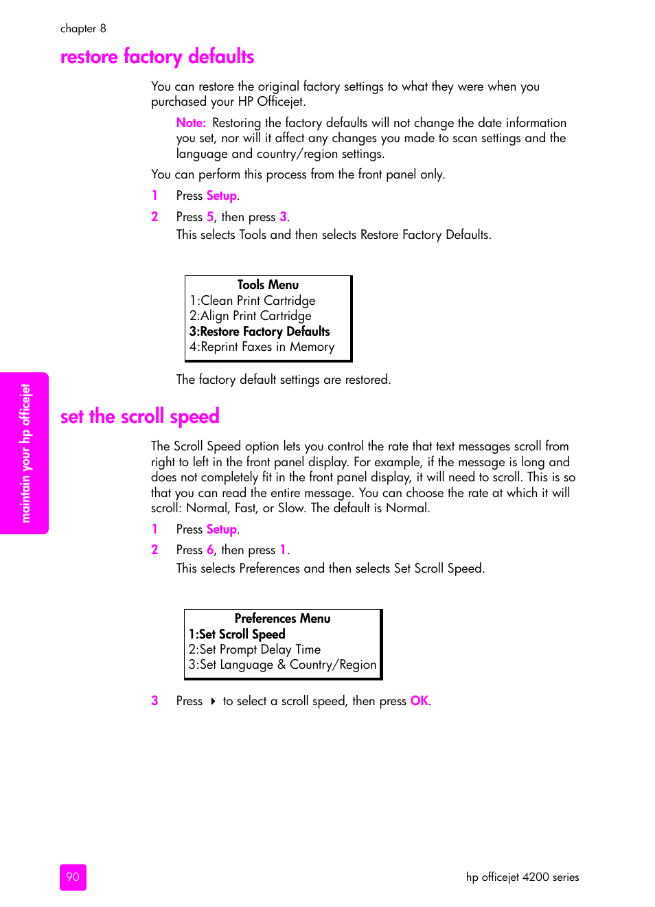 Restore factory defaults, Set the scroll speed | HP 4200 User Manual | Page 100 / 166