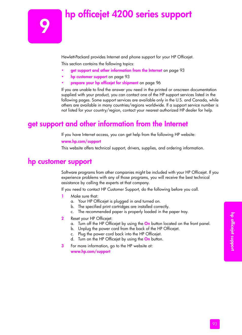 Hp officejet 4200 series support, Hp customer support | HP 4200 User Manual | Page 103 / 166