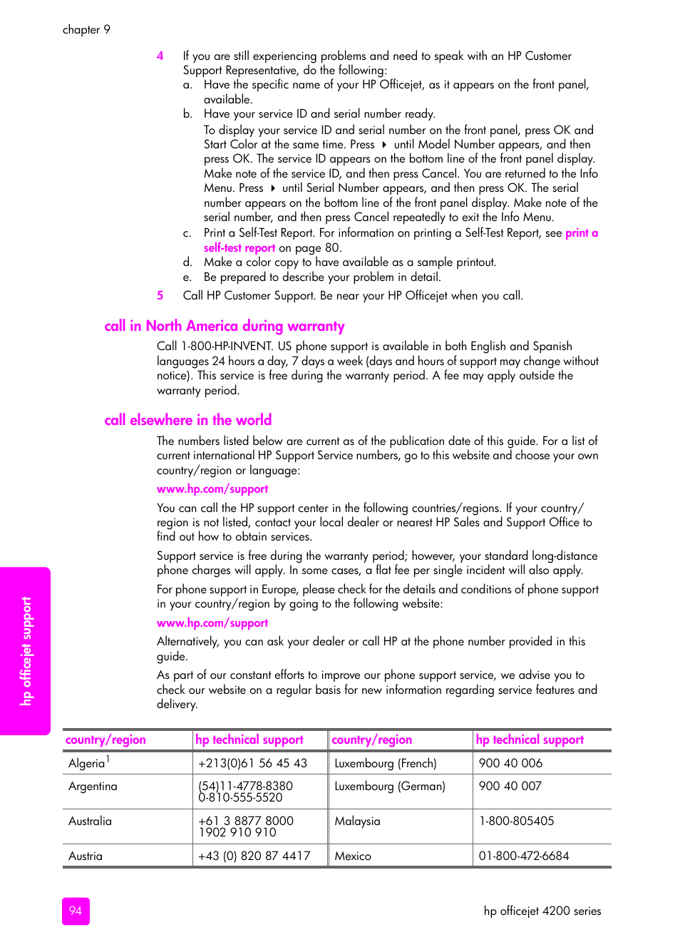 Call in north america during warranty, Call elsewhere in the world | HP 4200 User Manual | Page 104 / 166