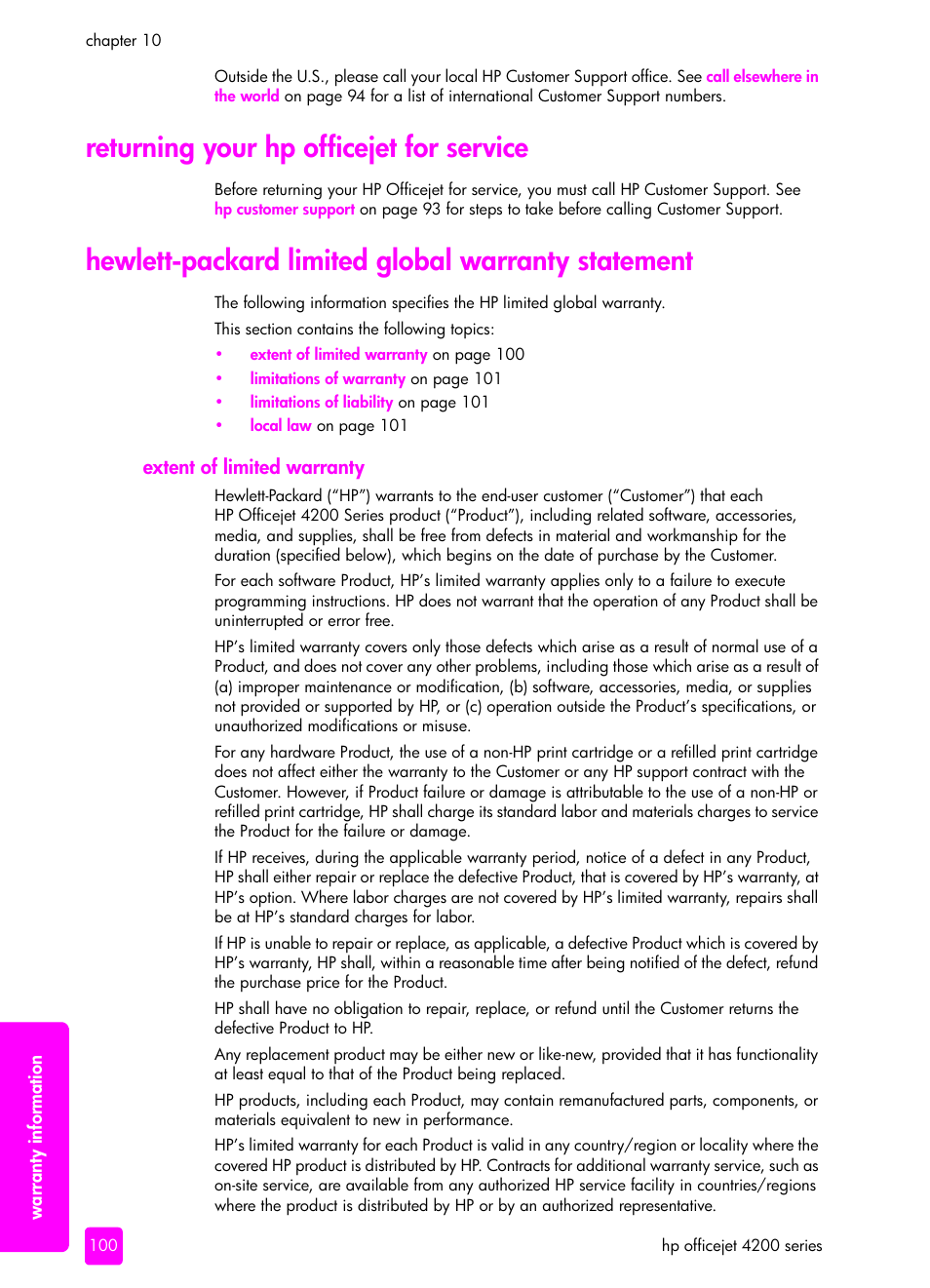 Returning your hp officejet for service, Hewlett-packard limited global warranty statement | HP 4200 User Manual | Page 110 / 166