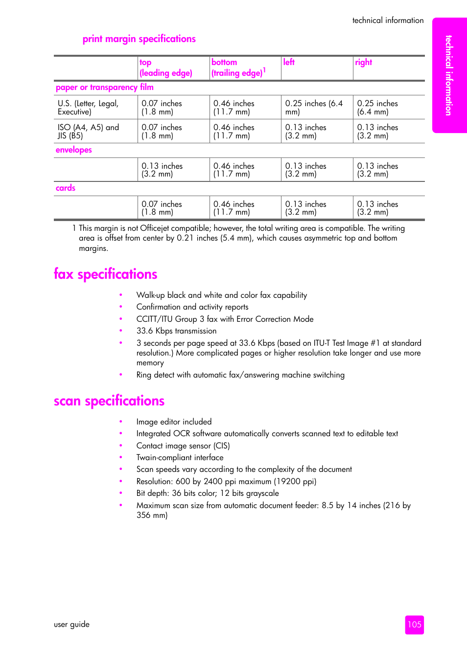 Fax specifications, Scan specifications, Print margin specifications | HP 4200 User Manual | Page 115 / 166