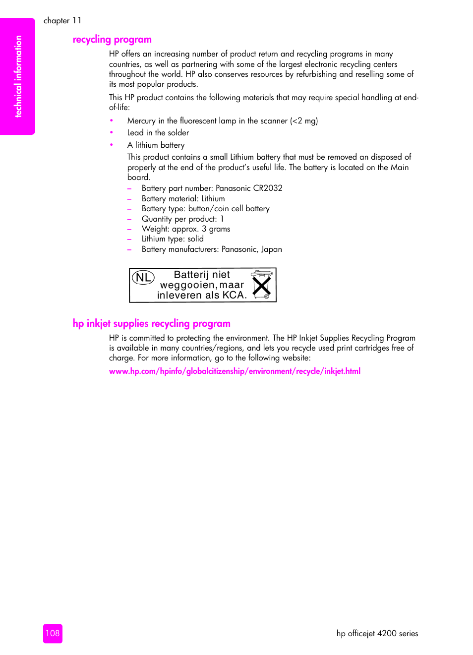 Recycling program, Hp inkjet supplies recycling program | HP 4200 User Manual | Page 118 / 166