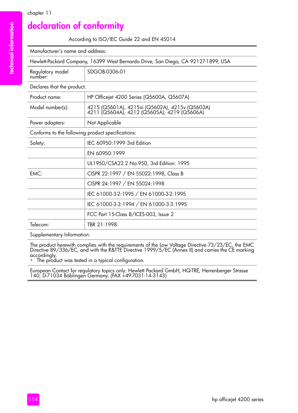 Declaration of conformity | HP 4200 User Manual | Page 124 / 166