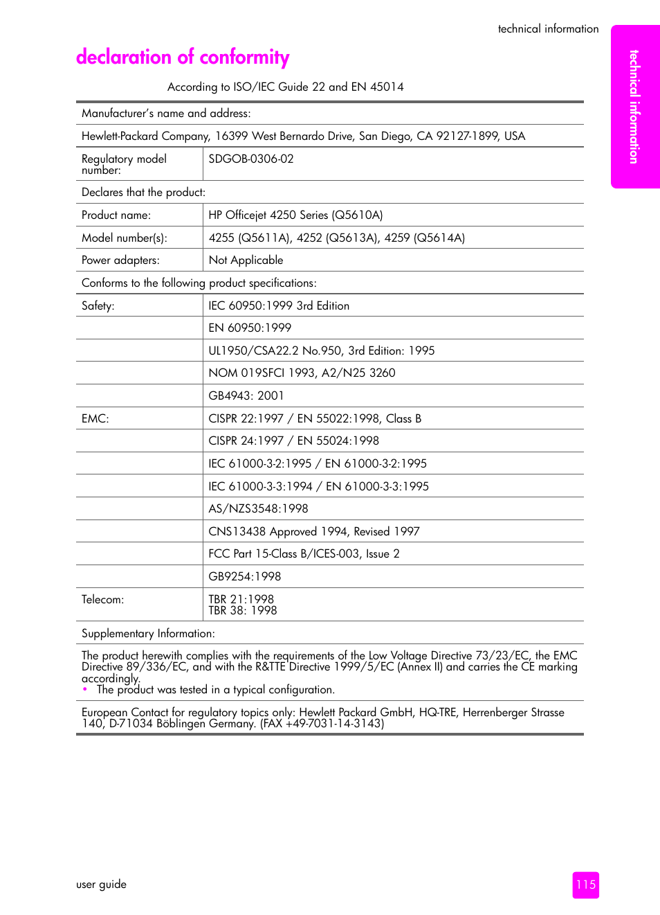 Declaration of conformity | HP 4200 User Manual | Page 125 / 166