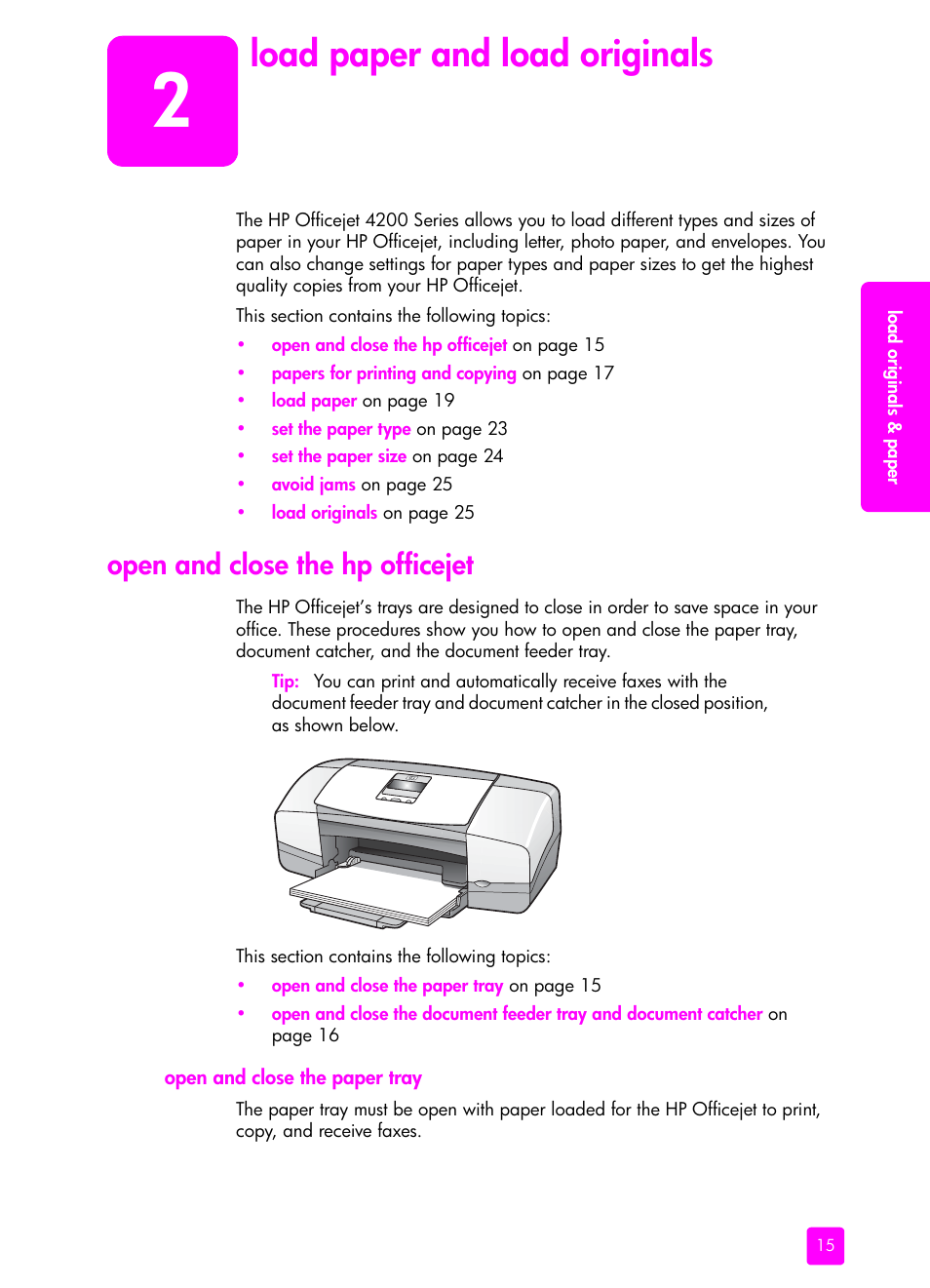 Load paper and load originals, Open and close the hp officejet | HP 4200 User Manual | Page 25 / 166