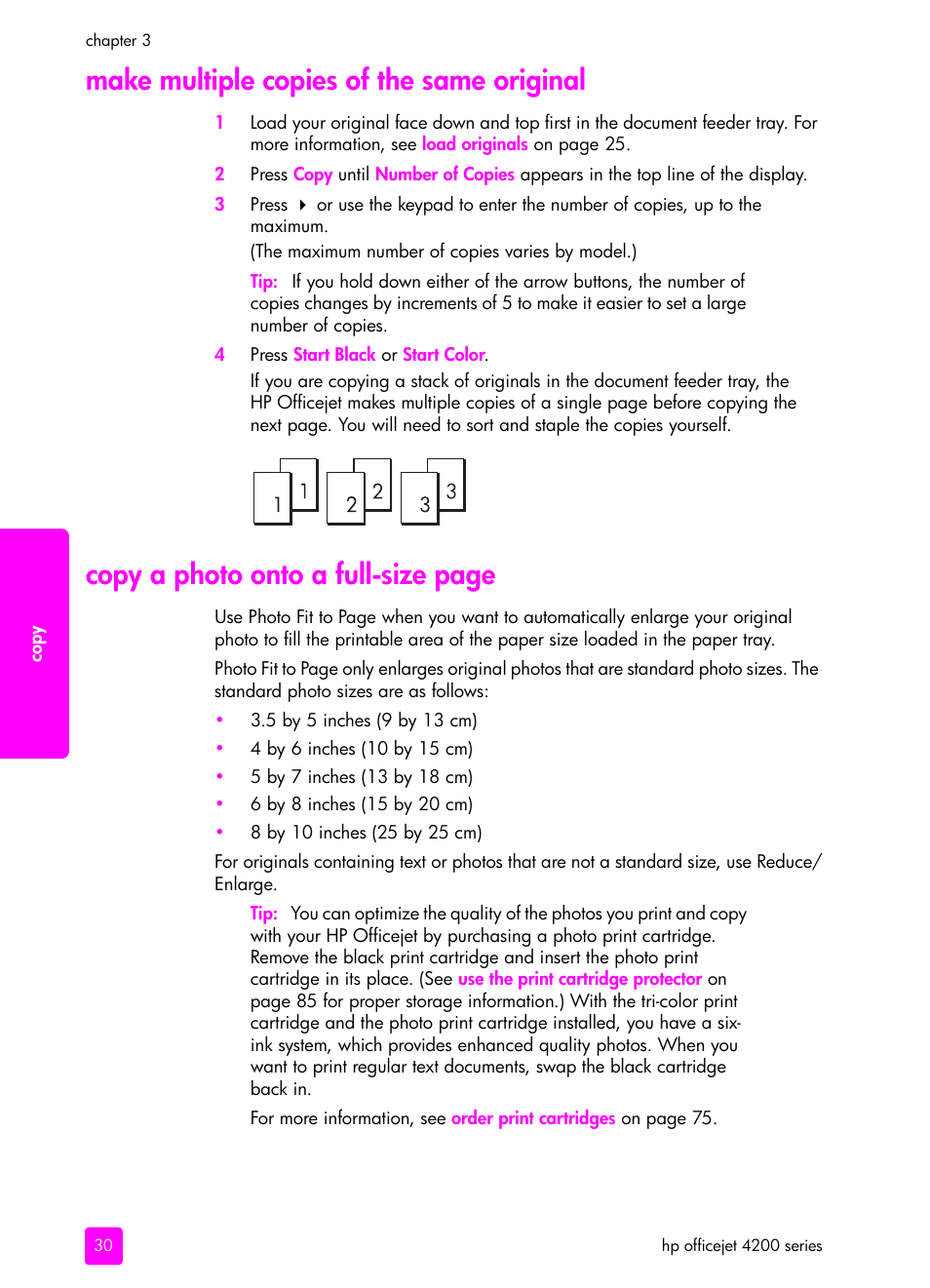 Make multiple copies of the same original, Copy a photo onto a full-size page | HP 4200 User Manual | Page 40 / 166