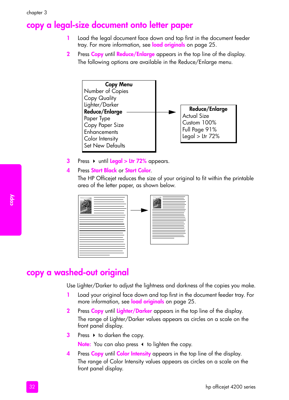 Copy a legal-size document onto letter paper, Copy a washed-out original | HP 4200 User Manual | Page 42 / 166