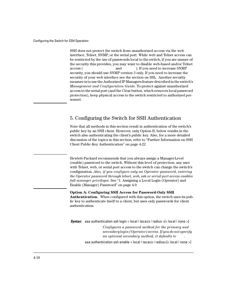 Configuring the switch for ssh authentication, Configuring the switch for ssh authentication -18 | HP 4100GL User Manual | Page 102 / 228