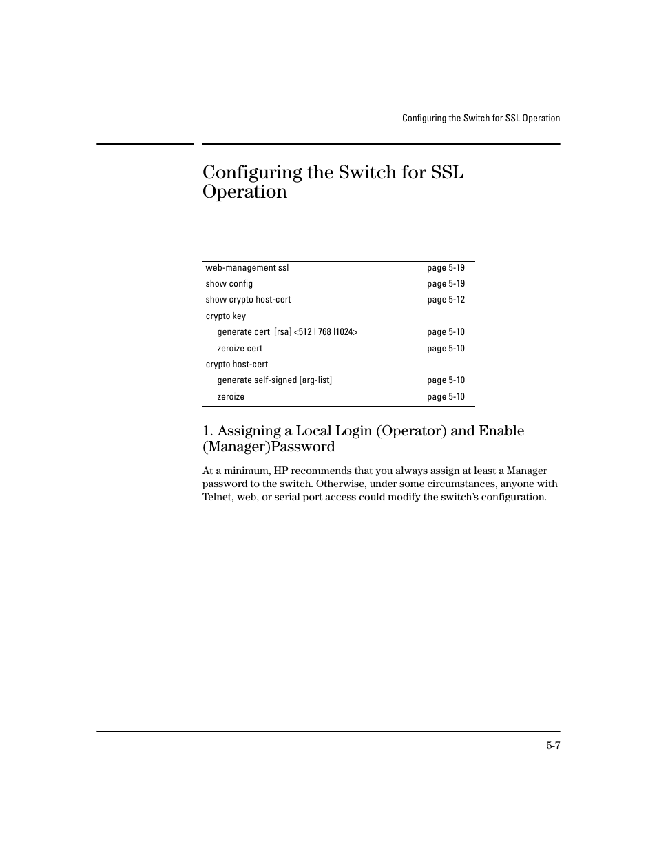 Configuring the switch for ssl operation, Assigning a local login (operator) and, Enable (manager)password -7 | HP 4100GL User Manual | Page 119 / 228