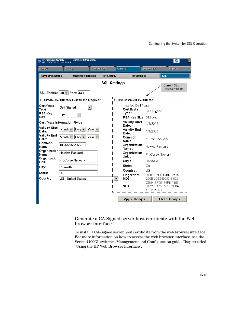 Generate a ca-signed server host certificate with, The web browser interface -15 | HP 4100GL User Manual | Page 127 / 228
