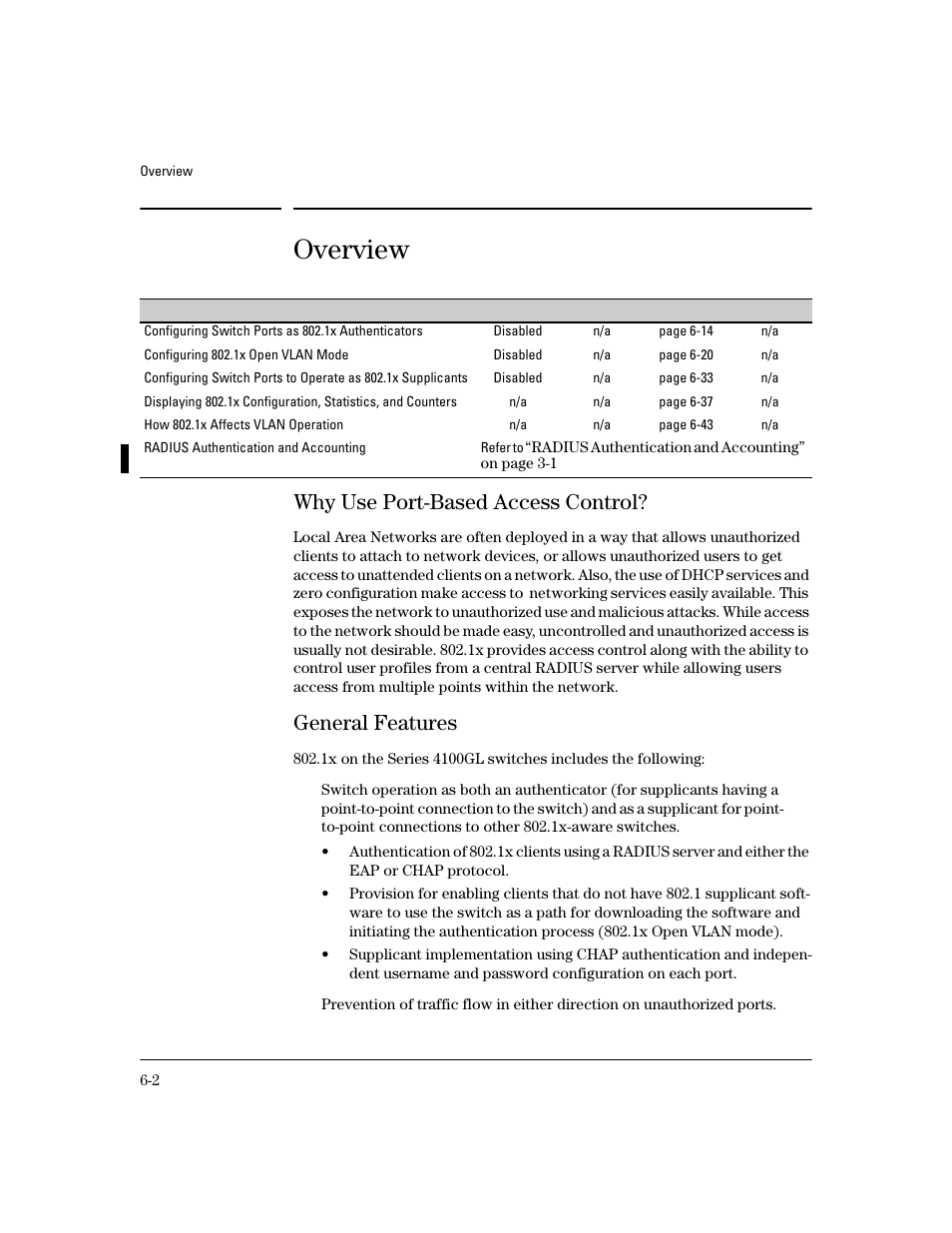 Overview, Why use port-based access control, General features | Why use port-based access control? -2, General features -2 | HP 4100GL User Manual | Page 136 / 228