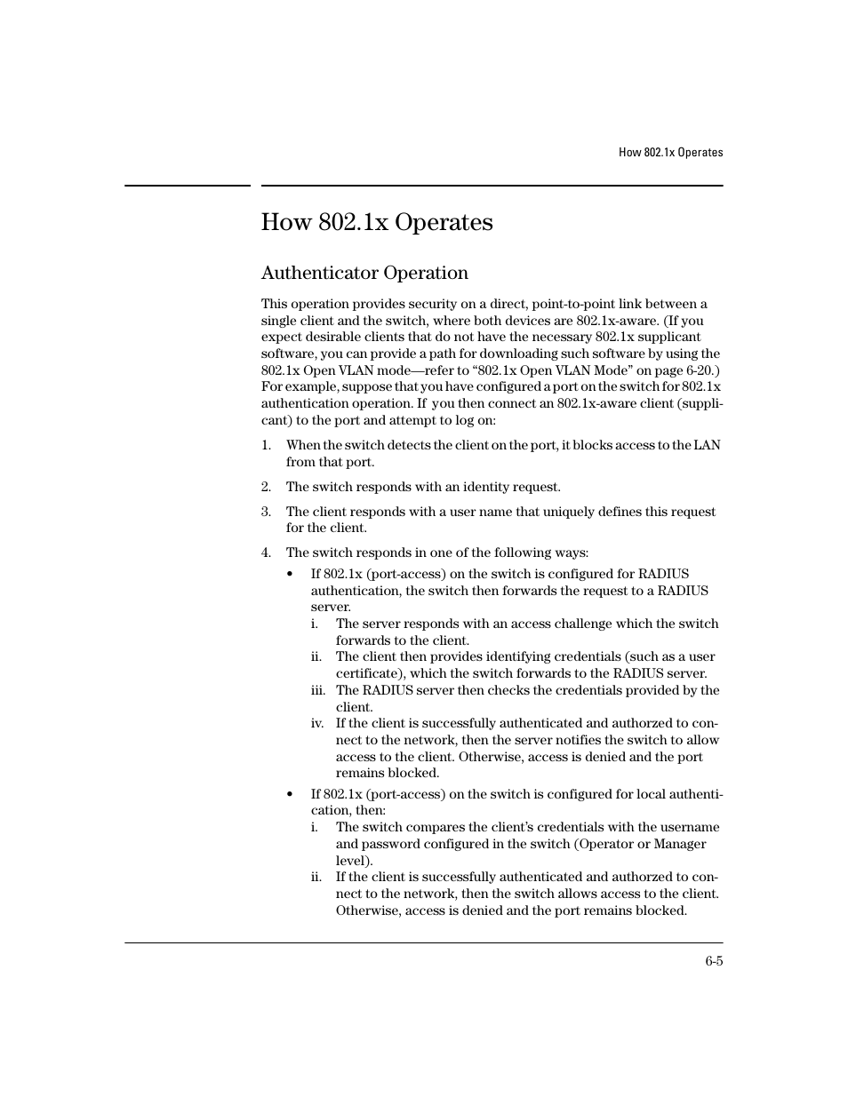 How 802.1x operates, Authenticator operation, Authenticator operation -5 | HP 4100GL User Manual | Page 139 / 228