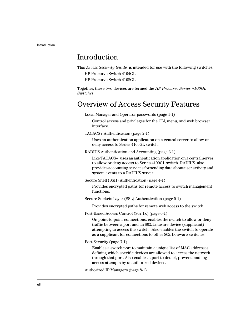 Introduction, Overview of access security features | HP 4100GL User Manual | Page 14 / 228