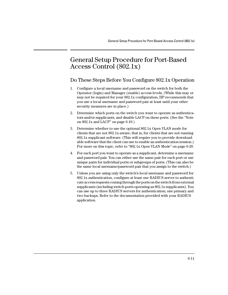 General setup procedure for, Port-based access control (802.1x) | HP 4100GL User Manual | Page 145 / 228