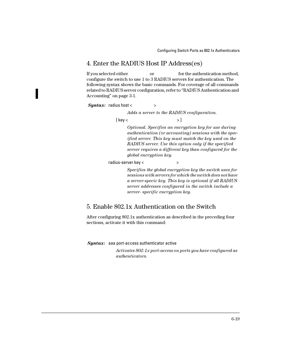 Enter the radius host ip address(es), Enable 802.1x authentication on the switch, Enter the radius host ip address(es) -19 | Enable 802.1x authentication on the switch -19 | HP 4100GL User Manual | Page 153 / 228