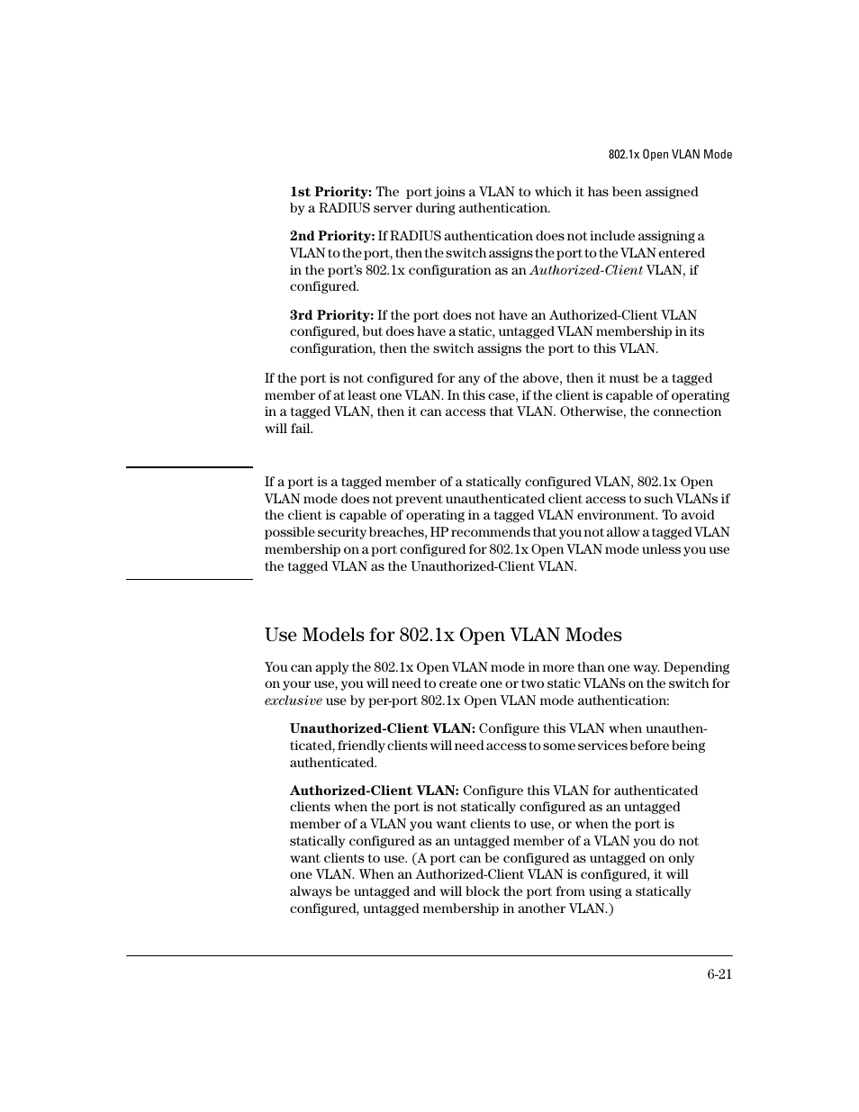 Use models for 802.1x open vlan modes, Use models for 802.1x open vlan modes -21 | HP 4100GL User Manual | Page 155 / 228