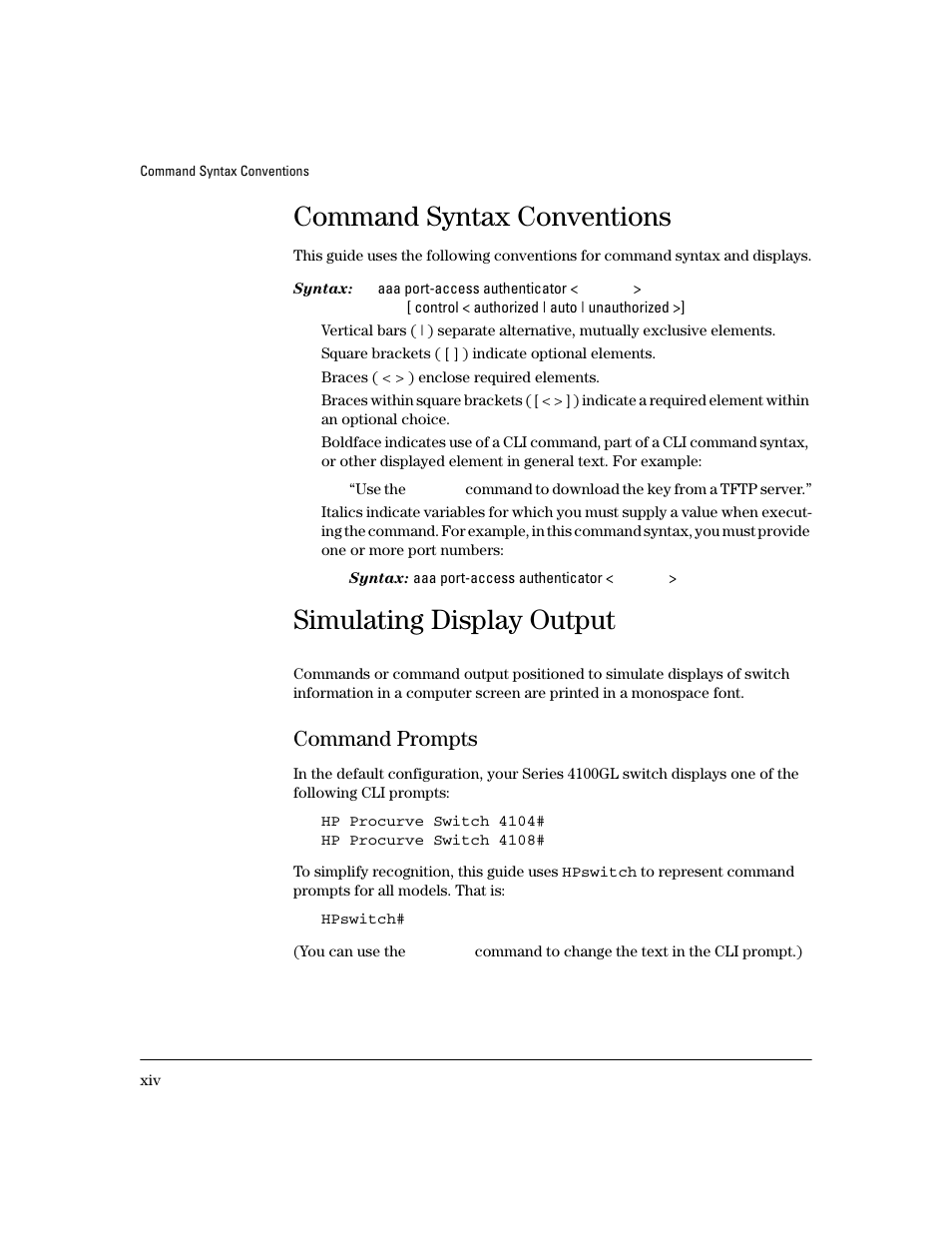 Command syntax conventions, Simulating display output, Command prompts | HP 4100GL User Manual | Page 16 / 228