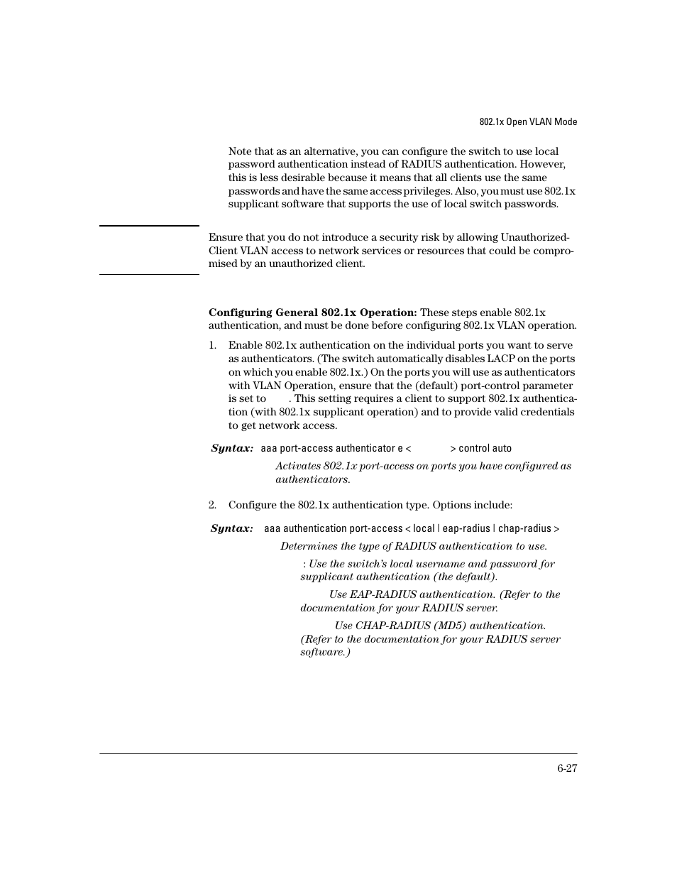 Configuring general 802.1x operation | HP 4100GL User Manual | Page 161 / 228
