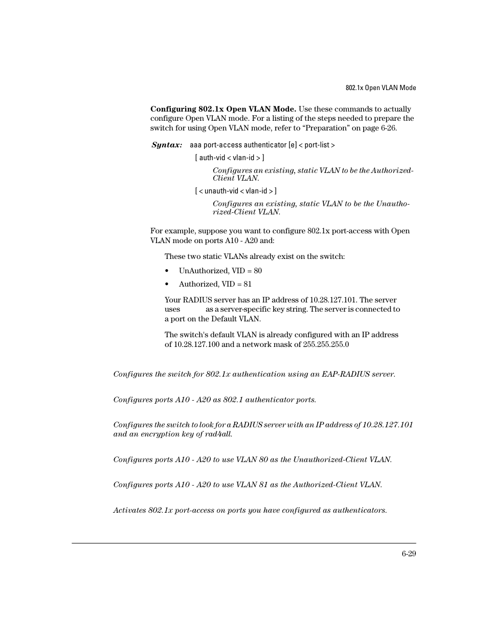 Configuring 802.1x open vlan mode, E 6-29 | HP 4100GL User Manual | Page 163 / 228