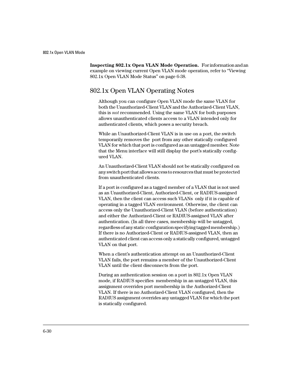 Inspecting 802.1x open vlan mode operation, 1x open vlan operating notes, 1x open vlan operating notes -30 | HP 4100GL User Manual | Page 164 / 228