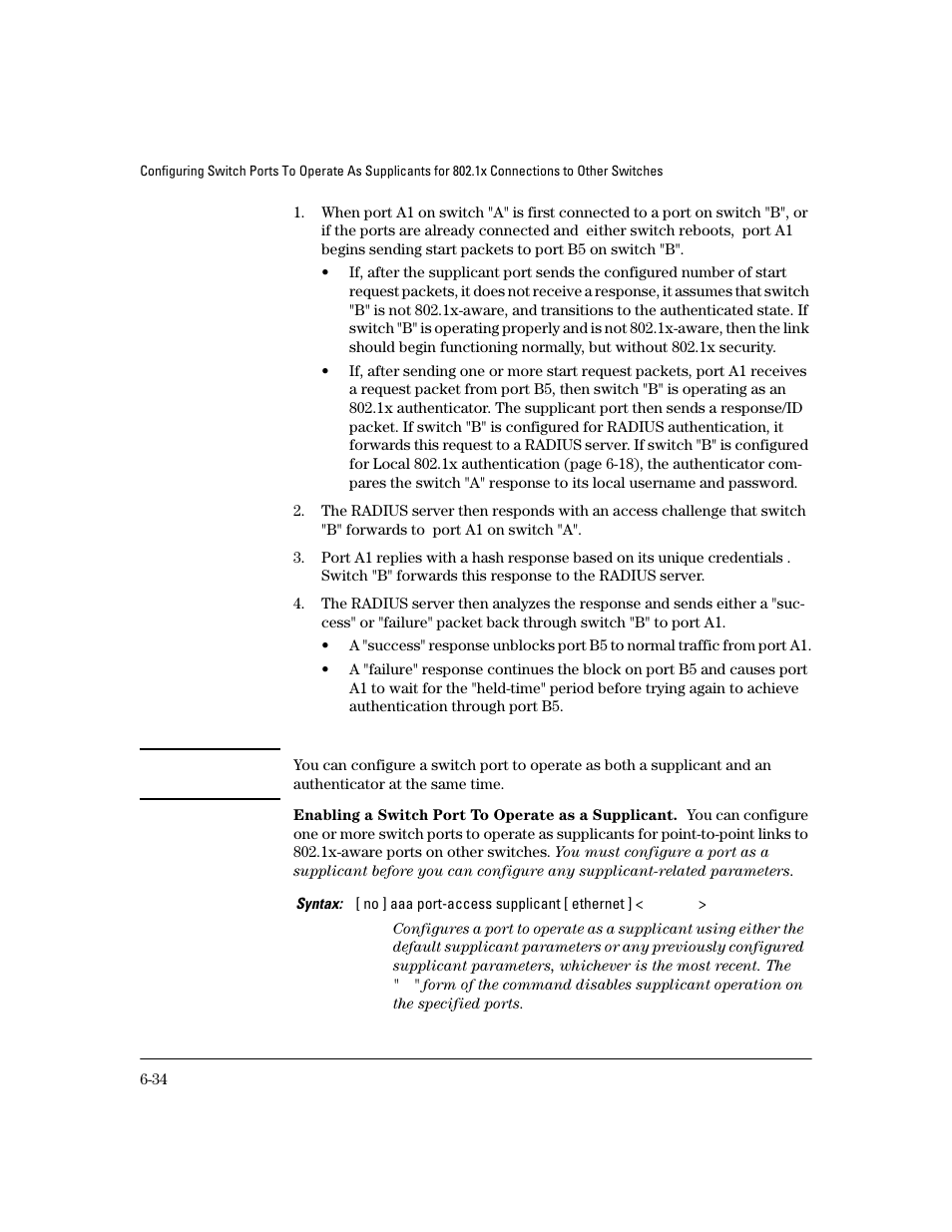 Enabling a switch port to operate as a supplicant, E 6-34 | HP 4100GL User Manual | Page 168 / 228