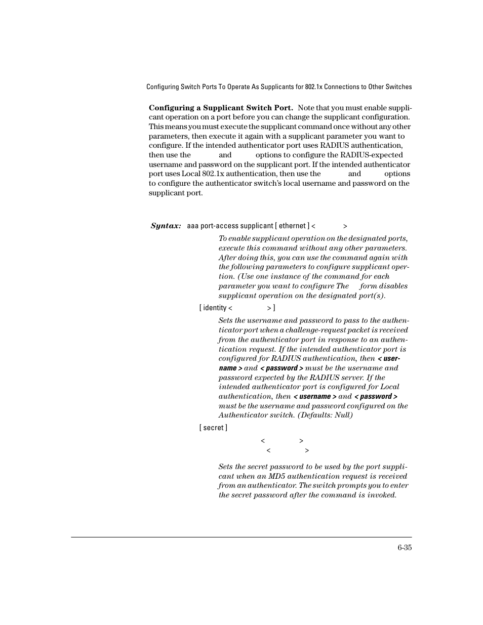 Configuring a supplicant switch port, E 6-35 | HP 4100GL User Manual | Page 169 / 228